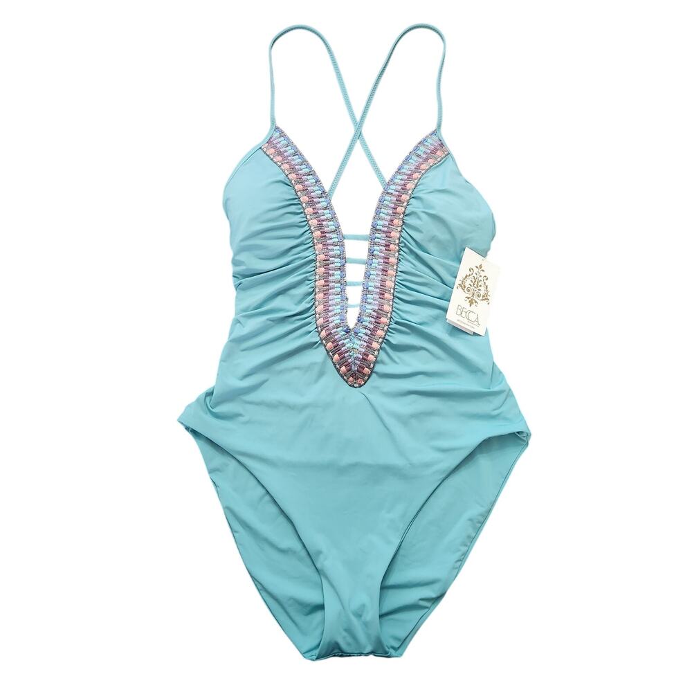 NWT Becca Fiesta Plunge Neckline One Piece Swimsuit Size Large